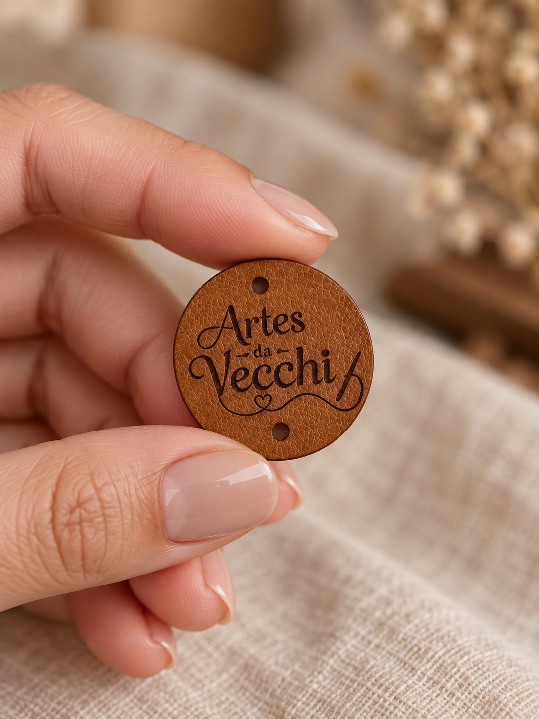 Mão feminina segurando a etiqueta de couro Artes da Vecchi
